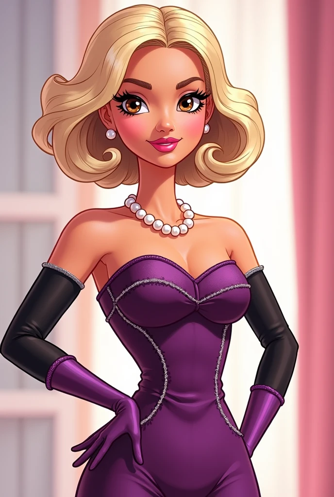 best quality, afterglow, 4k, ((masterpiece)), extremely detailed, 8k, trending on ArtStation, Intricate, High Detail, Sharp focus, roxlal <lora:roxlal:0.9>, 1girl, short hair, solo, smile, parted lips, blonde hair, pink eyes, dress, purple dress, legwear, arm gloves, bare shoulders