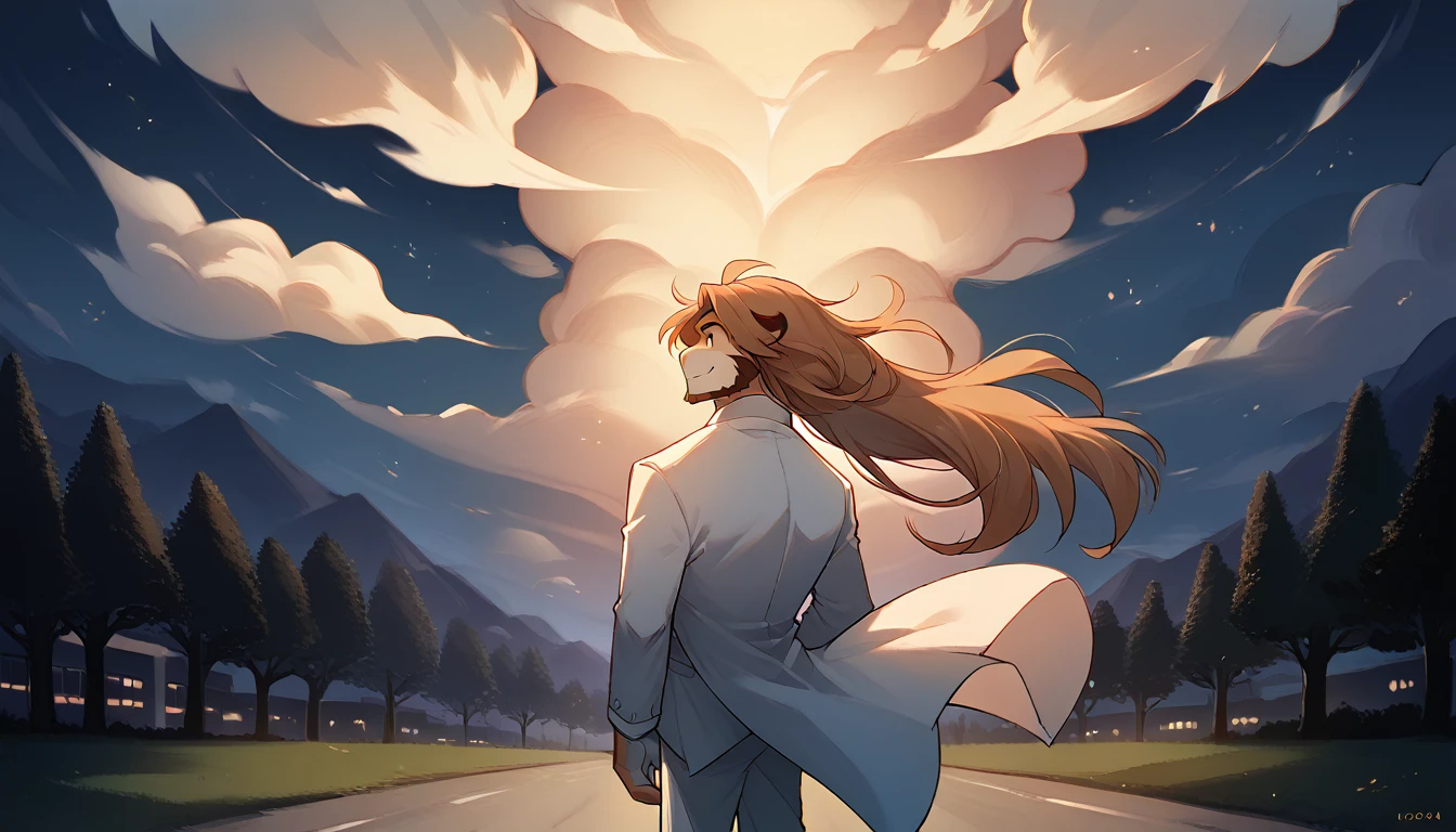 A single, adult tiger, short beard (black), in white suit, hairstyle (long hair), standing in the middle of the road, smiling, night low lighting, Buildings, trees, clouds, wind..