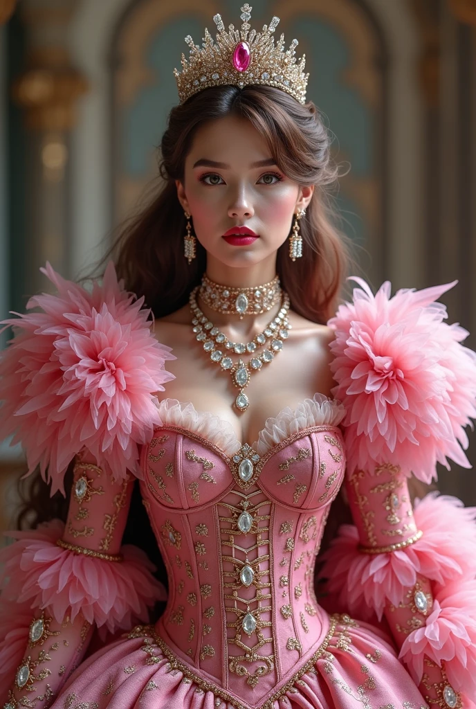 a woman with long brown hair, in a pink dress and a white hat posing for a picture in a pink dress and fur hat, in the style of rococo pastel hues, shiny/glossy, fairycore, 32k UHD, feminine sensibility
