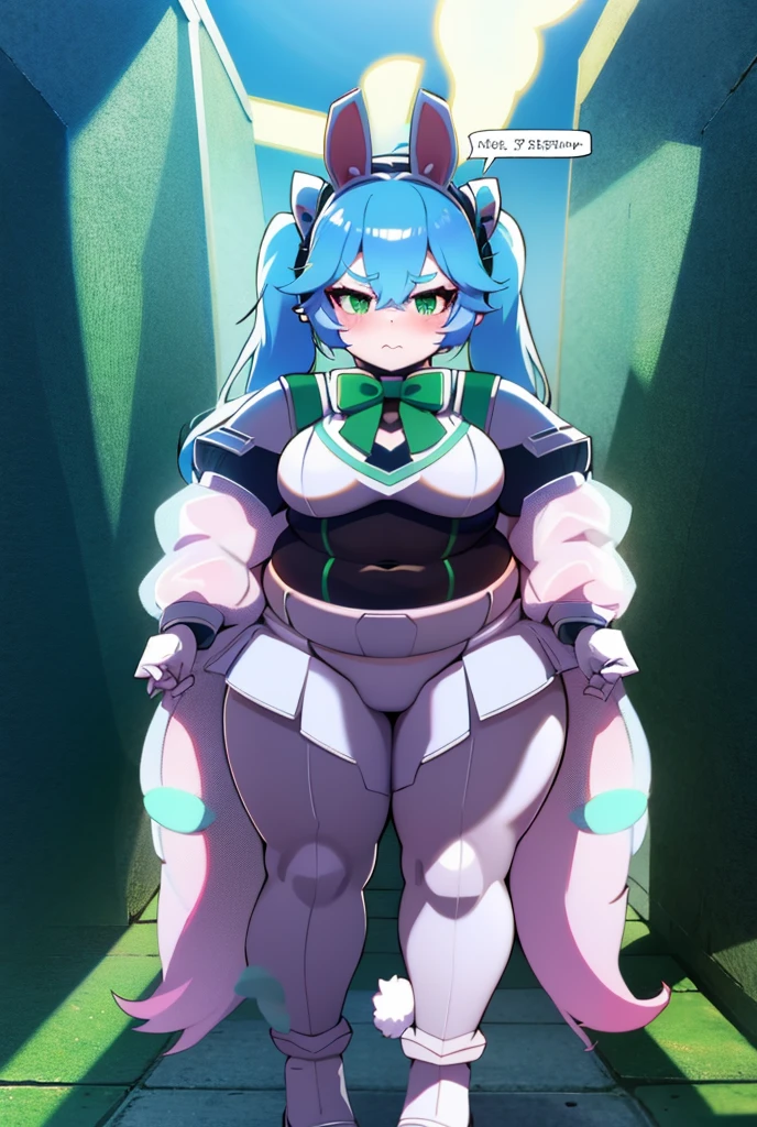 1girl, solo, looking at viewer, blush, large breasts, bow, navel, twintails, standing, green eyes, blue hair, tail, bowtie, rabbit ears, english text, fake animal ears, colored skin, anger vein, colored sclera, white skin, thought bubble, meme attire, android, no mouth, robot joints, reverse outfit, reverse bunnysuit, humanoid robot