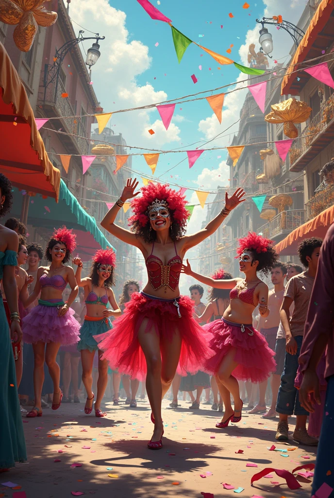 <lora:Rui2.5Dcartoon_V2>,Masterpiece,Best quality,Highres,Extremely detailed 8k wallpaper,Very clear,a happy smile,samba dancer,dancing enthusiastically in the joint,gorgeous costumes,streets of brazil,focus on the characters,simple background,virtual background,depth of field,large aperture,
