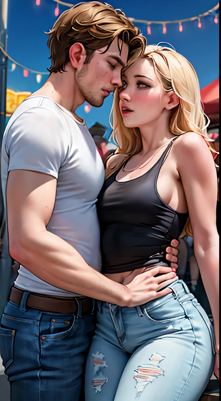 Amazing portrait of a man wearing maroon full sleeved t shirt and ripped jeans kissing a sexy woman wearing a olive green tank top paired with a white shirt and pants in an amusement park with soft lighting showcasing their amazing bodies tangled together with love and lust