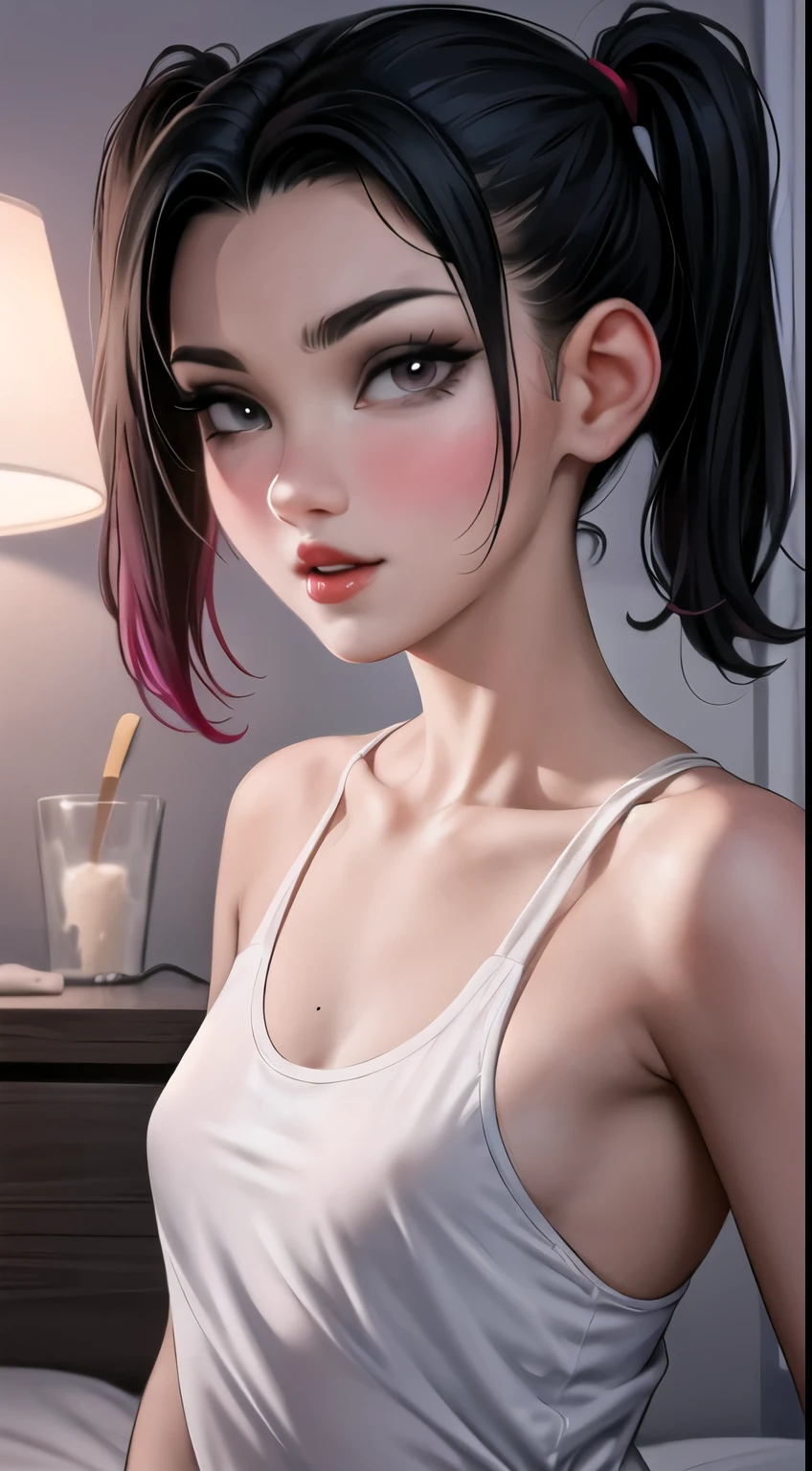 Amazing portrait of a close up shot of a cute and sexy girl with her black hair in two medium ponytails and her sexy eyes making intense eye contact during night time with soft lighting highlighting her small nose and red lips as she has an orgasmic face wearing a kid dark pink t shirt showcasing her neck and collarbone and her bare shoulder as she lays in bed in her dark bedroom with one lamp