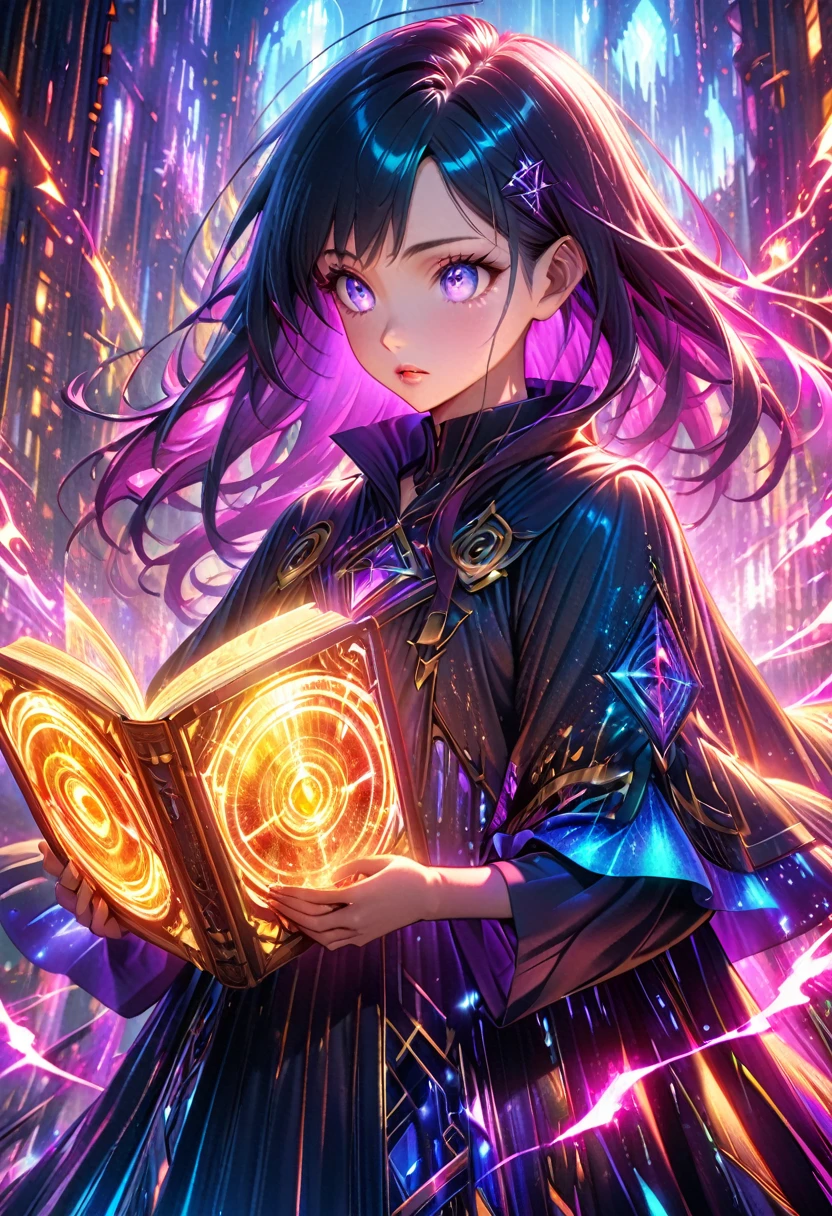 A young, precocious wizard, barely into their teens, stands amidst the towering, neon-lit structures of the eldritch world. Their clothing is a blend of traditional wizard garb and futuristic technology, adorned with glowing runes and circuit patterns. Their eyes, filled with a piercing intelligence, glow with a soft, ethereal light, hinting at their extraordinary abilities. The young wizard holds a sleek, holographic tome, its pages shimmering with vibrant neon colors and ancient symbols. Their fingers trace the glowing runes, their mind racing with arcane knowledge. A swirling vortex of neon energy emanates from the book, forming holographic sigils and floating geometric shapes around them. The young wizard's appearance is a stark contrast to the dark, dystopian landscape. Their youthful energy and unwavering determination shine through, a beacon of hope in this chaotic world. Their presence is a testament to the power of magic and the potential of the next generation. The scene should capture the young wizard's exceptional abilities and their connection to the eldritch forces, illustrated in a Yu-Gi-Oh! card style, with vibrant glowwave colors and intricate details.