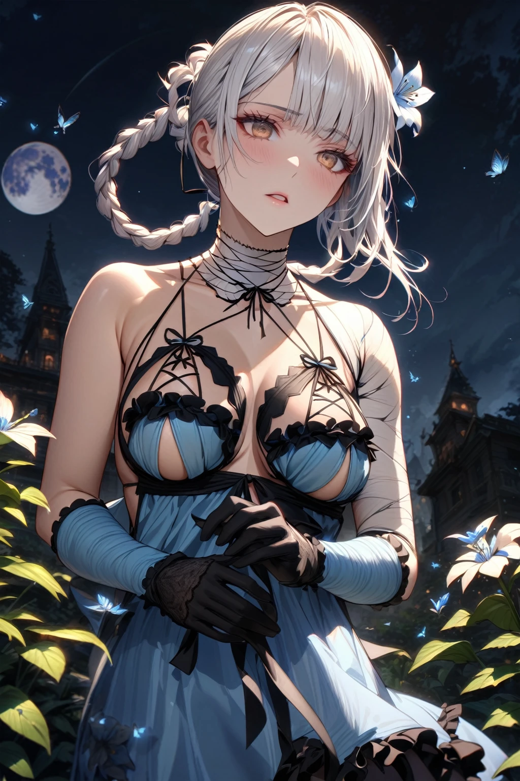 ((low key,dark bluish scene,dimly lit, soft lighting):1.4),enchanting elegance, atmospheric depth, masterful technique, naturalistic representations, harmonious composition, creative refinement, striking juxtapositions,
1girl,miqo'te, short_hair, cat_ears,((white hair)), green eyes,(Dark environment), ((lying on flowers)), (from above),
sad, depressing,