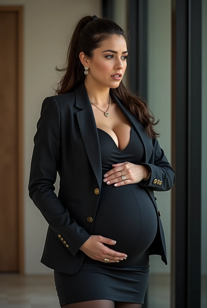 45yo mature milf Aishwarya rai as corporate lady, ((huge pregnant)), black trousers, tight unbuttoned shirt, ((high heelature curvaceous milf figure, high ponytail, wearing thick frame glasses, posing in balcony, day scene, mature hourglass figure, look straight at camera, erotic adult face, 45 yo mature milf body, soft volumetric lights, intricate details, (ArtStation:1.2)