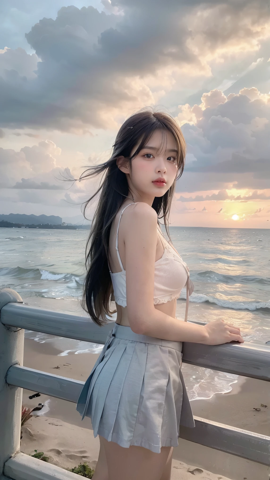 masterpiece,((ligne claire)), limited palette,best quality, flat color, low contrast, ((1girl)),(((an extremelydelicateandbeautifulgirl))),(beautiful detailed face),(beautiful detailed eyes),{long hair},hair ornamen,((middle breasts)),long black hair,hair ribbon,school uniform , standing,((looking at viewer:1.6)), view from below,beautiful detailed sky,bright sky,cloudy sky,sunlight, (detailedlight),lighting,colorful,ocean,beach, bridge,way to school,sky scraper, autumn, haze