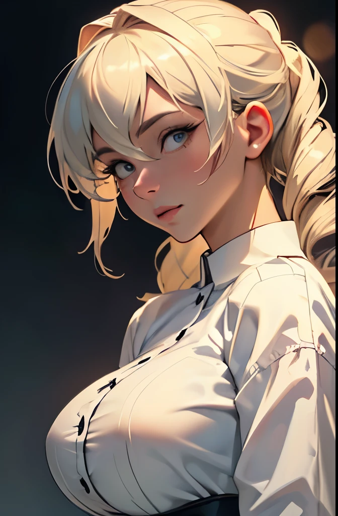 (Highest quality:1.24, Very detailed, Delicate and beautiful CG art, Detailed illustrations, Attention to detail, masterpiece:1.2, Highest quality, Best aesthetics), (((1 person))), (Tomoe Mama, White shirt with big breasts bulging and popping buttons open, corset, Have, Big Breasts, Droopy eyes:1.4, Twin Drill), Shiny Hair, Beautiful Skin, Detailed face and eyes, Glossy Lips, Light and shadow with attention to detail, Background Blur.