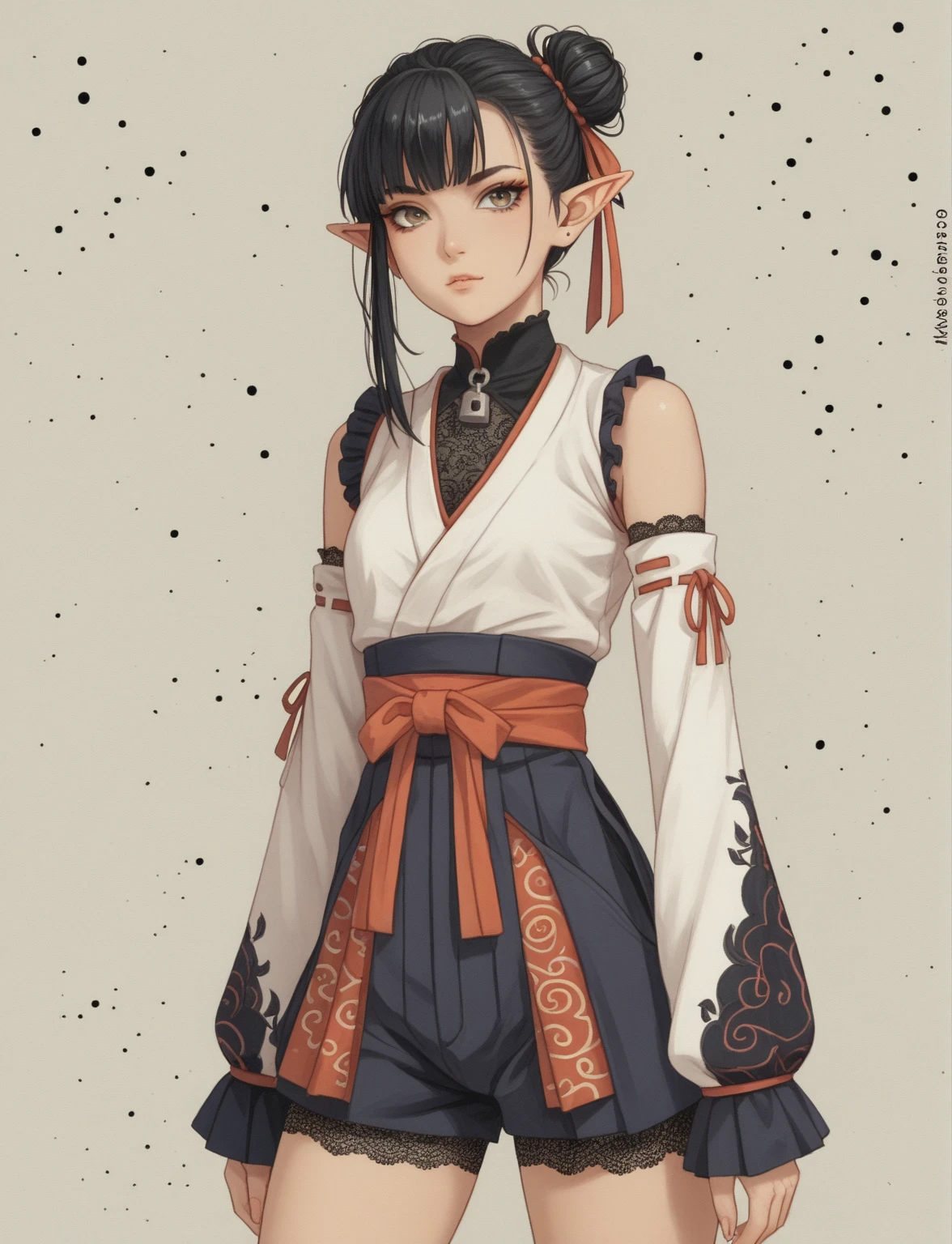 Create a digital illustration of a female character with elf ears with round dots instead of eyebrows. For the hairstyle, she should have black hair styled into a single bun at the back of her head, complemented by asymmetrically chopped bangs that transition into a long lock on one side. Her outfit should match short hakama with detached sleeves and frills under the shorts and the sleeves, in a gothic style, featuring intricate white lace patterns, detailed cutouts, and a white obi with a black seigaiha black pattern. The outfit should include layered skirts and ribbon details to emphasize a similar aesthetic. Hakama shorts. Add a muted background that complements her striking attire and hairstyle.