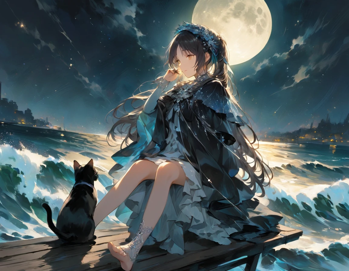 ((Best Quality))、((excellent))、(detailed)、8k、「Mystical night scene of a woman standing on a pier and fishing under a full moon。The sea sparkles in the moonlight、The stars are twinkling in the clear night sky。A sleek black cat sits at her feet、Its eyes glow faintly in the darkness。The woman is wearing a flowing black cloak、My hair is blowing gently in the sea breeze。The sound of the waves can be heard from afar, creating a quiet and eerie atmosphere.。」Conceptual Art、jpeg artifacts、First Person View、Ultra-high resolution、Anatomically correct、Attention to detail、非常にdetailed