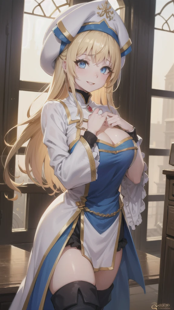 Realistic, 1girll, Blonde hair, High ponytail, Blue eyes, Glowing eyes, Maid uniform, White stockings, garter, Skirt, parted lip, Blush, Night, Flowers,