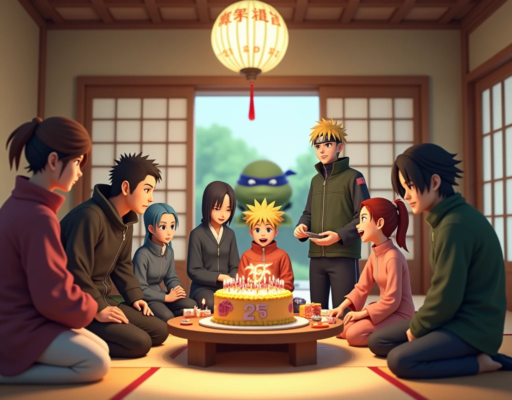 A 3D realistic scene of Naruto and his friends celebrating the 25th anniversary in a traditional Japanese room. The setting features tatami floors, sliding shoji doors, and wooden elements typical of Japanese homes. Naruto is joined by Sasuke Uchiha, Sakura Haruno, Kakashi Hatake, Shikamaru Nara, Hinata Hyuga, Kiba Inuzuka, Shino Aburame, Ino Yamanaka, Choji Akimichi, Neji Hyuga, Rock Lee, Tenten, and Gaara. A large birthday cake with Naruto-themed decorations is on a low table, surrounded by festive decorations such as lanterns, streamers, and small gifts. The characters are rendered in a highly detailed 3D realistic style, with lifelike textures and lighting. In the background, a blurred bokeh effect highlights a Teenage Mutant Ninja Turtle character subtly peeking from behind the sliding door. The atmosphere is warm and celebratory, with soft lighting and a cozy, traditional Japanese ambiance.