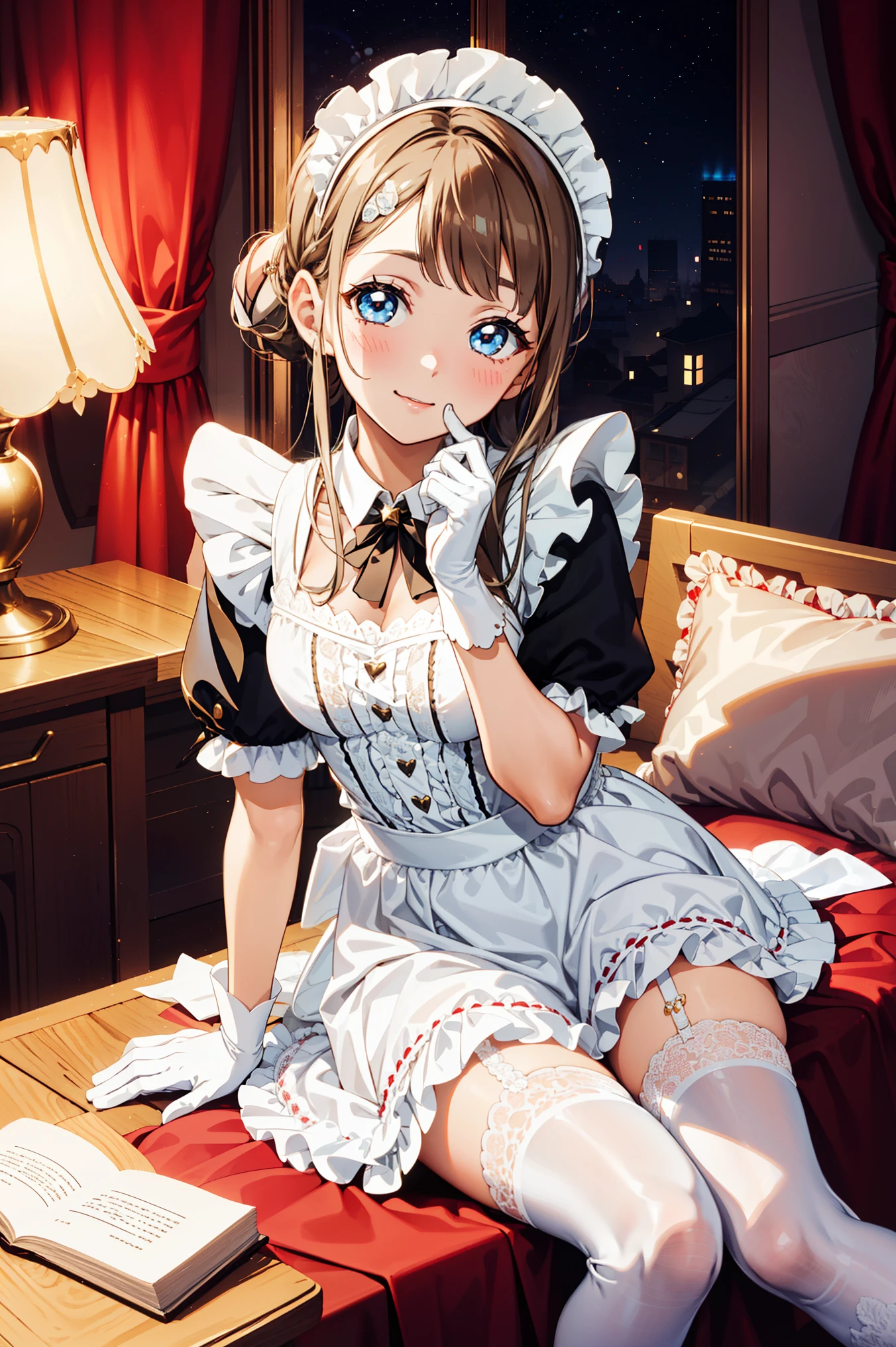 Teenage Girl，Attractions，have fun，in love，(Wearing a white modern and innovative maid outfit，Wearing stockings)，(White ruffle gloves)，White hair，Sacred headdress，Transparent lace，Beautifully dressed，Alone，European bedroom，(night:1.1)，Delicate and beautiful face，