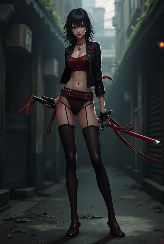 solo, solo focus, japanese yakuza mobster girl with a gymnast leotard, matching boots, black hair, glowing red eyes, bare legs, perfect anatomy, perfect proportions, uses katana blade, facial scar, stylish, hdr, intricate details, hyperdetailed, cinematic, rim light, danger atmosphere, ????, night, cyberpunk lighting, tokyo street, rain