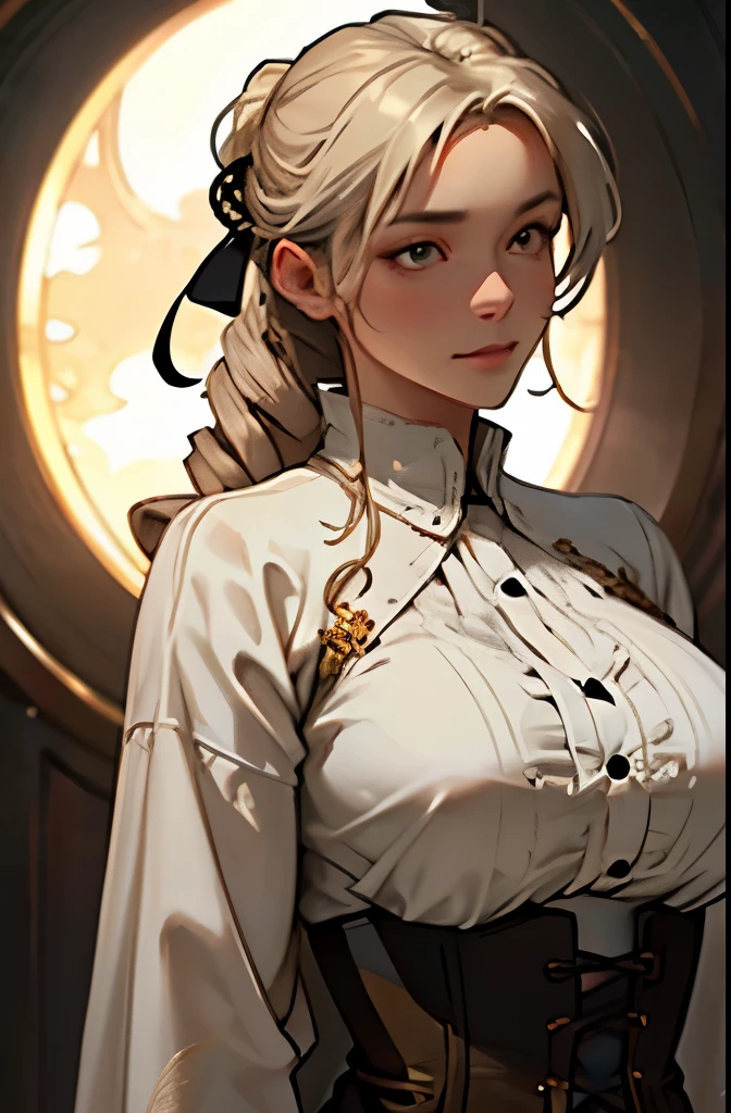 (Highest quality:1.24, Very detailed, Delicate and beautiful CG art, Detailed illustrations, Attention to detail, masterpiece:1.2, Highest quality, Best aesthetics), (((1 person))), (Tomoe Mama, White shirt with big breasts bulging and popping buttons open, corset, Have, Big Breasts, Droopy eyes:1.4, Twin Drill), Shiny Hair, Beautiful Skin, Detailed face and eyes, Glossy Lips, Light and shadow with attention to detail, Background Blur.