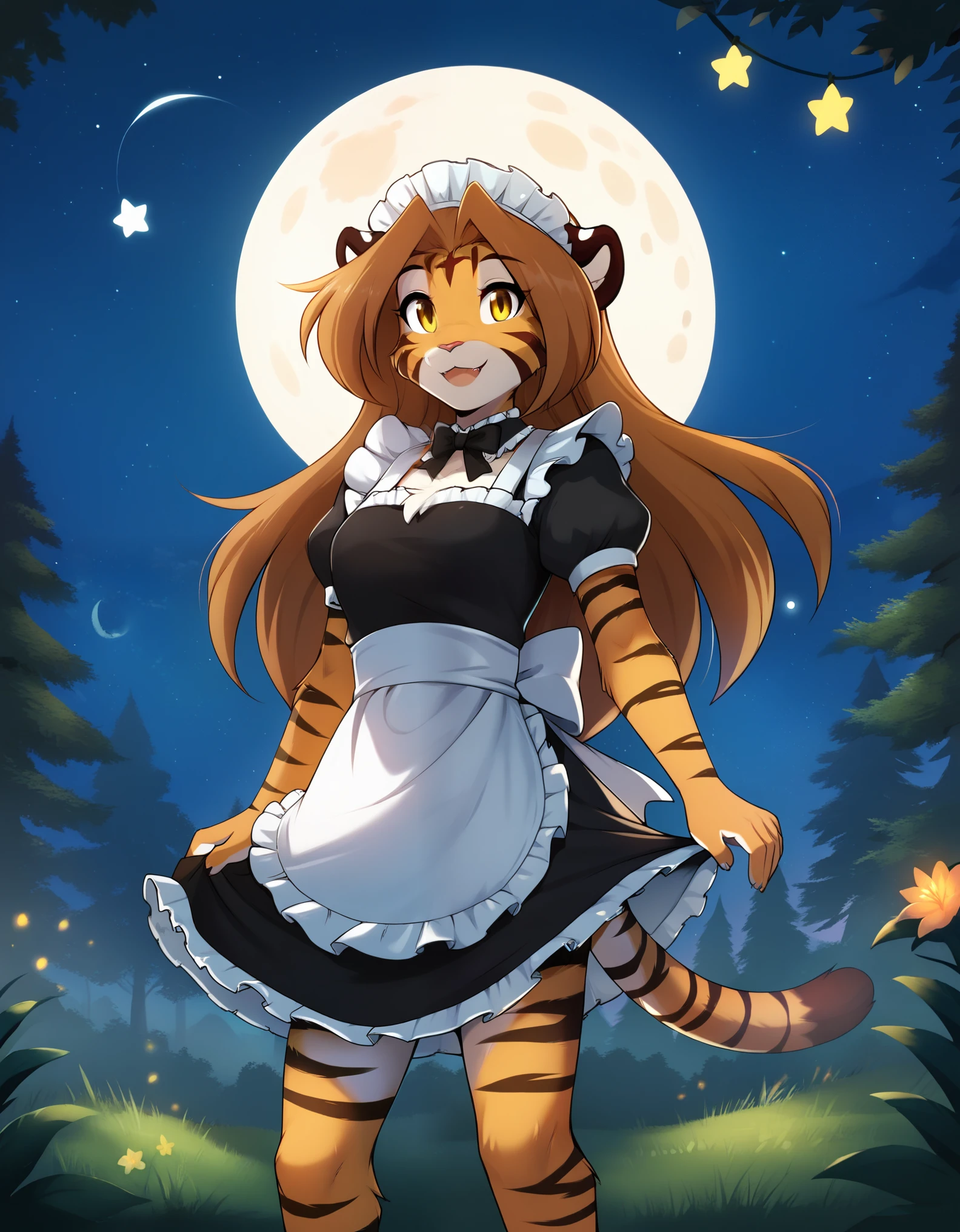 core_9, score_8_up, score_7_up, rating_safe, source_furry,  twokinds, tkstyle,, felid, mammal, pantherine, tiger, flora_(twokinds), anthro, arm_tuft, forest, night, stars, moon, long brown hair, yellow eyes, long hair ,tiger tail, maid, maid apron, furry female, 