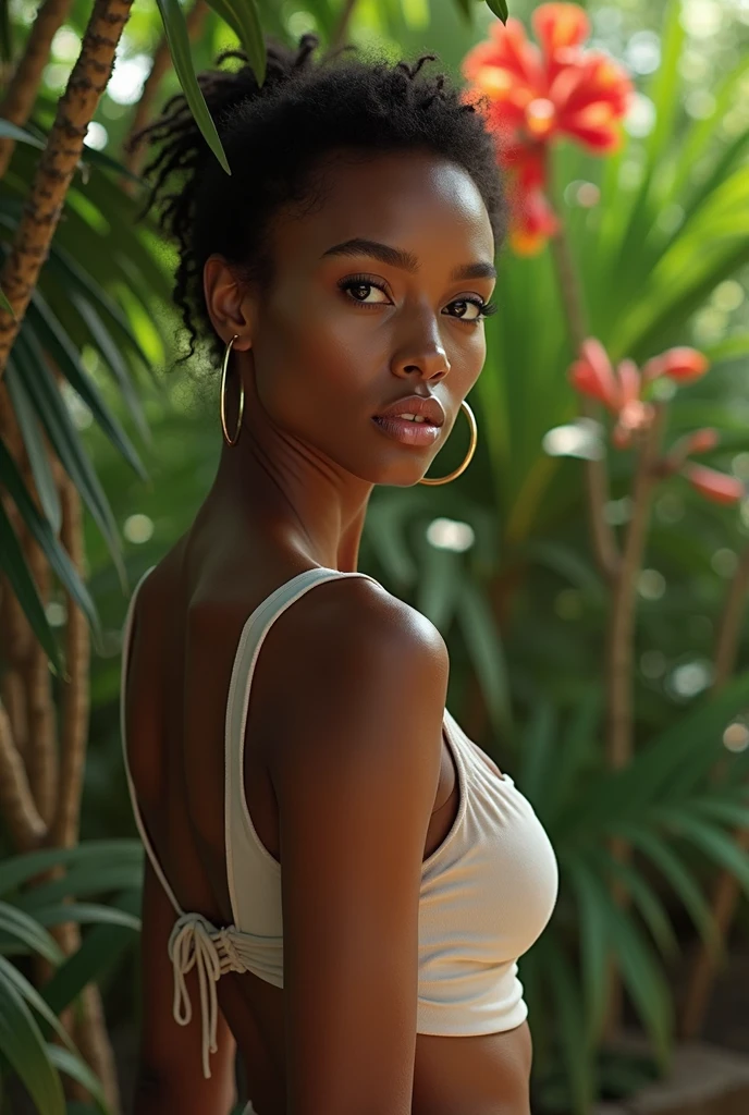 jungle, vines, orchids, mist,{very dark skin}, tan, forehead:0.6, detailed face, detailed nose, detailed eyes,{full lips, parted lips}, flat chest, messy hair, double bun, scrunchie,[[abs]], charcoal hair, detailed translucent clothing, thigh strap, intricate crop top, headband, (loincloth), (sweaty:1.2), drenched, dutch angle, clothes pull, masterpiece, subsurface scattering, embarrassed:1.3, (masterpiece), (detailed:1.3),  bokeh,  dramatic shadows, portrait