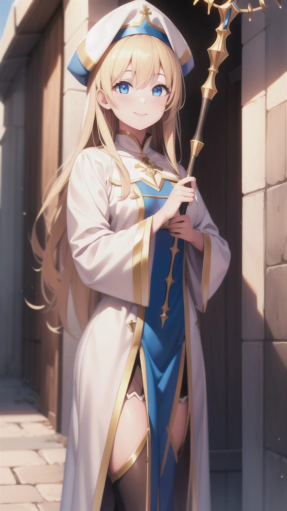 best quality, masterpiece, 1girl, (solo:1.1), raytracing, ultra detailed,detailed face, 8k wallpaper, wide hips, smile, PriestessNDV, 1girl, blonde hair, blue eyes, medium breasts, long hair, white dress, white headwear, thighhighs, hat,  outdoor, holding staff