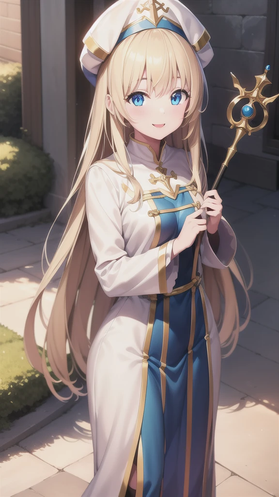 best quality, masterpiece, 1girl, (solo:1.1), raytracing, ultra detailed,detailed face, 8k wallpaper, wide hips, smile, PriestessNDV, 1girl, blonde hair, blue eyes, medium breasts, long hair, white dress, white headwear, thighhighs, hat,  outdoor, holding staff