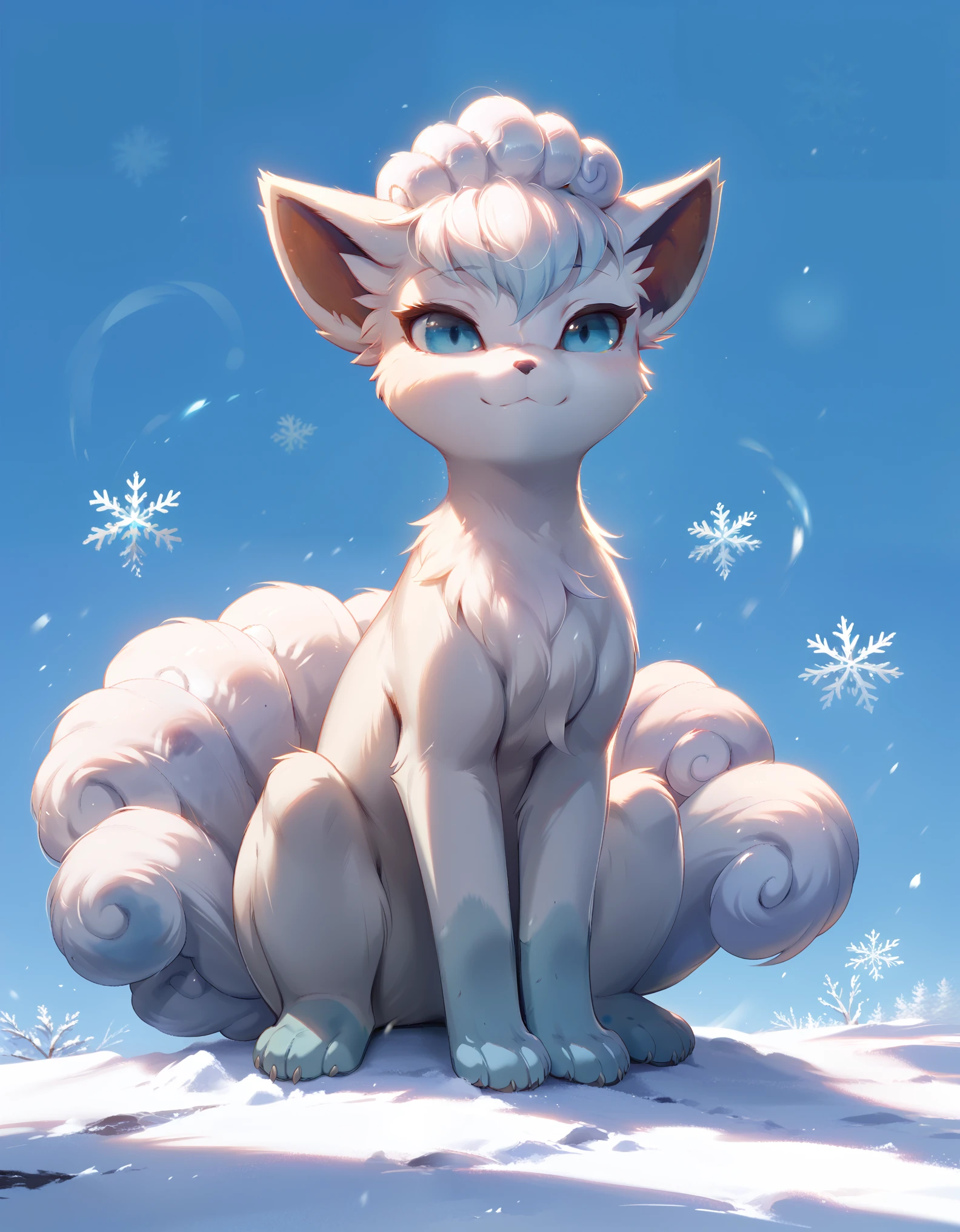 twokinds, tkstyle,,  score_9,score_8_up,score_7_up, portrait,feral,full body,epic,gradient background,sitting, alolan vulpix,snow background