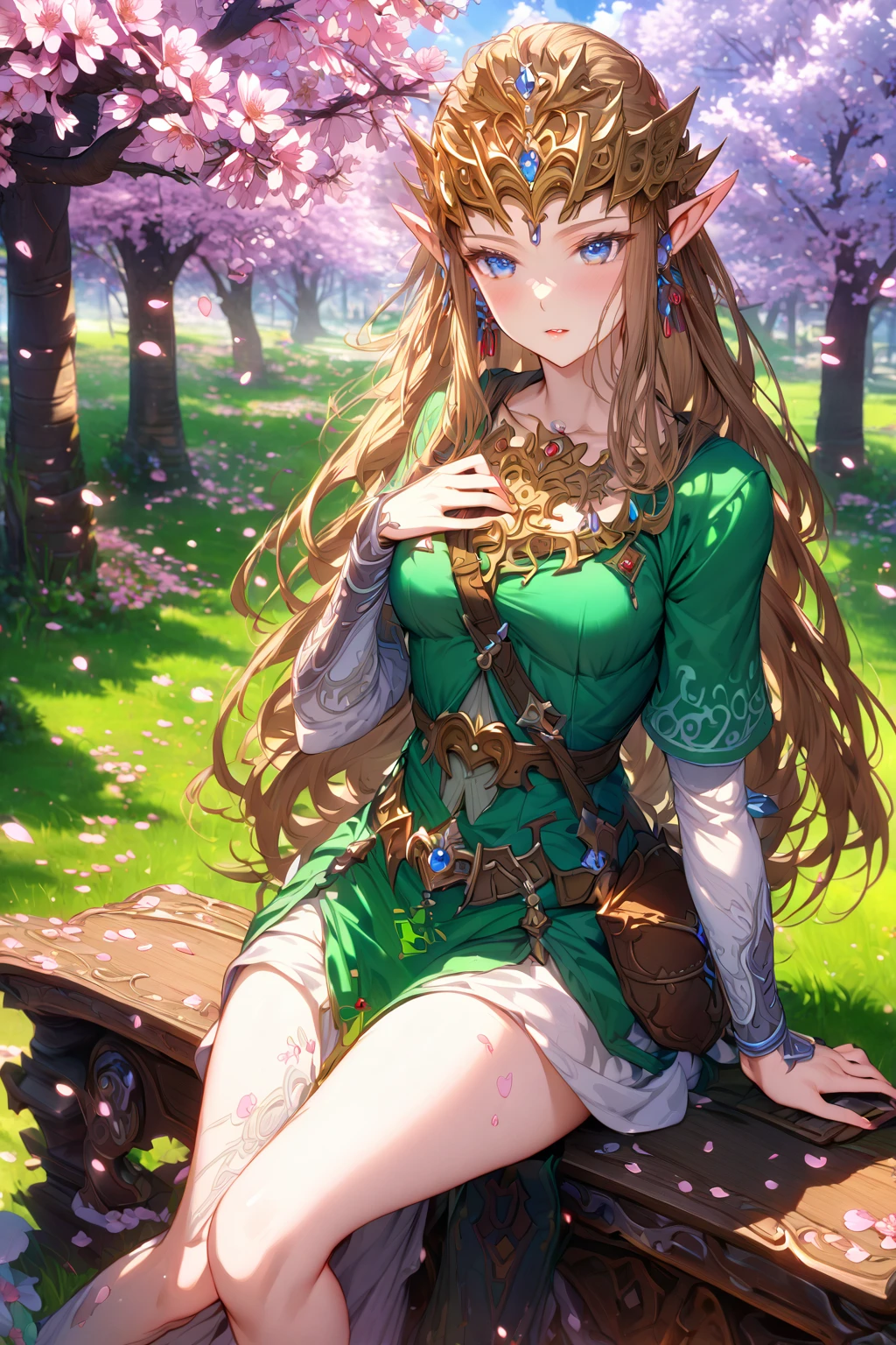 absurdres, highres, ultra detailed, HDR, master piece, Zelda, blown hair, expressive blue eyes, purple and white dress, sexy woman sitting, solo, best quality, The Legend Of Zelda (Twilight princess), fantasy, magical, sensual, glittering, accessories, extremely beautiful, adult face, petals, pink flowers, cherry blossoms,