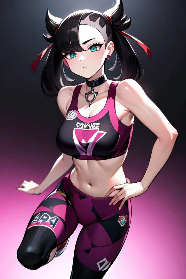 masterpiece,1girl,large breast,hmmarnie, aqua eyes, black choker, red ribbon, earrings, jewelry, midriff, sports bra, bare shoulders, pants, leggings,