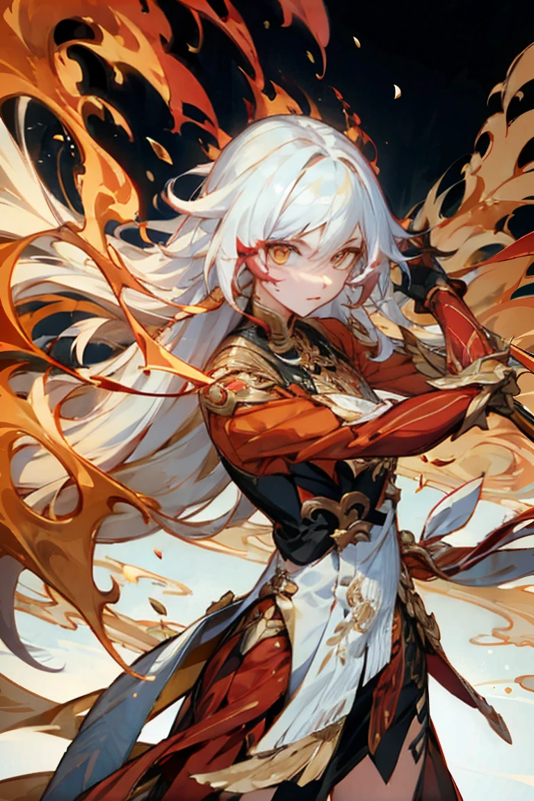 ((melhor qualidade)), ((obra de arte)), (detalhado), Male, long hair, white hair, red strands on hair, orange eyes, golden pupils, sharp pupils, Martial arts stance, Martial arts, fire, Phoenix, wearing white tight clothes, 
Fu Hua(FoV)