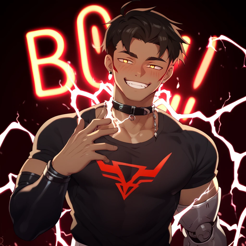 score_9, score_8_up, score_7_up, rating_explicit, source_anime, electricity boy, body fluid electricity, black clothes, cool design, semi robotic, neon lights, gesugao, dark expression, male only, male focus, manly, yaoi