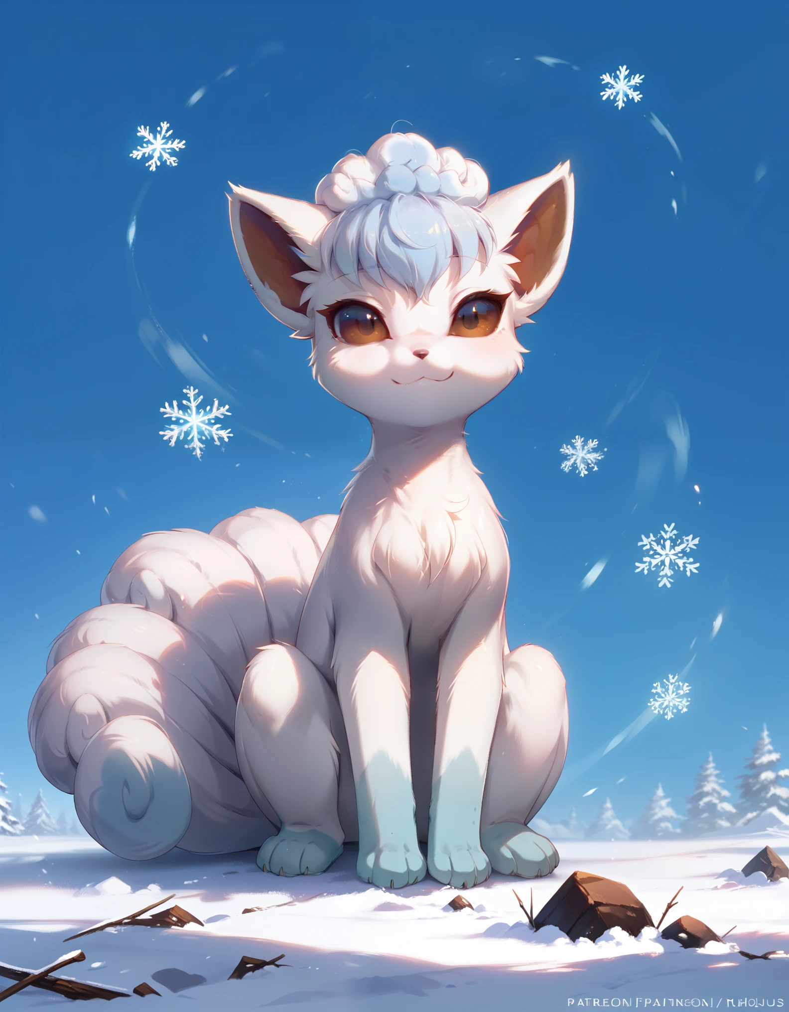 twokinds, tkstyle,,  score_9,score_8_up,score_7_up, portrait,feral,full body,epic,gradient background,sitting, alolan vulpix,snow background