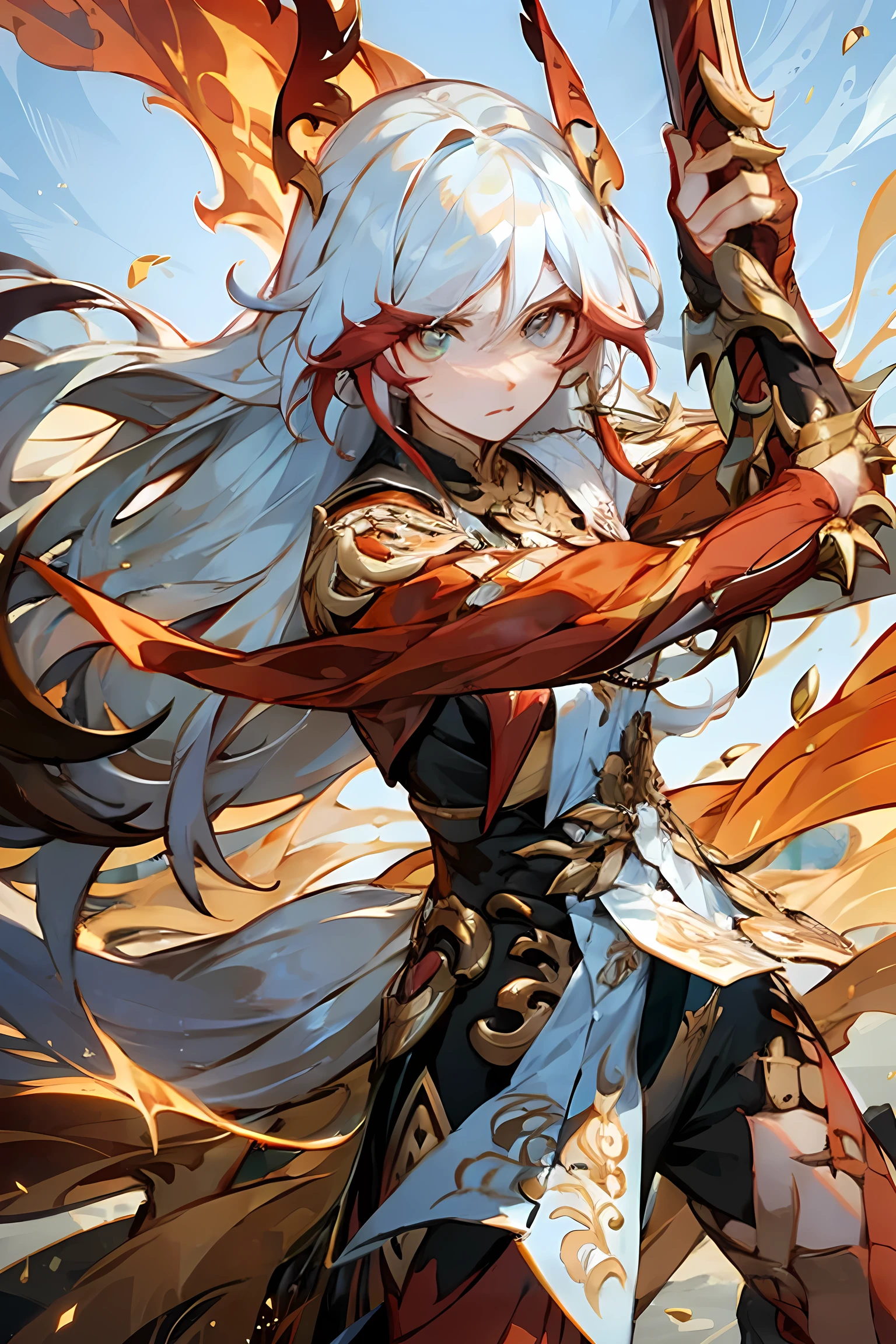 ((melhor qualidade)), ((obra de arte)), (detalhado), Male, long hair, white hair, red strands on hair, orange eyes, golden pupils, sharp pupils, Martial arts stance, Martial arts, fire, Phoenix, wearing white tight clothes, 
Fu Hua(FoV)