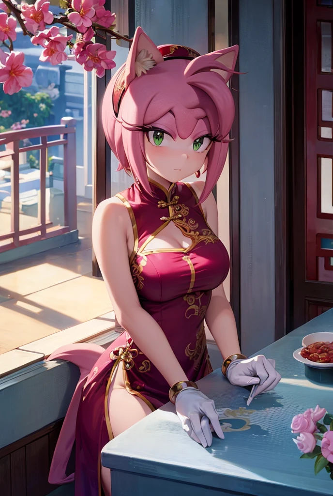 Nishikino maki, Purple eyes,red hair, hairband, chinese clothes, dress, gloves, hair ornament ,bare shoulders, smile,bar, sitting on table
