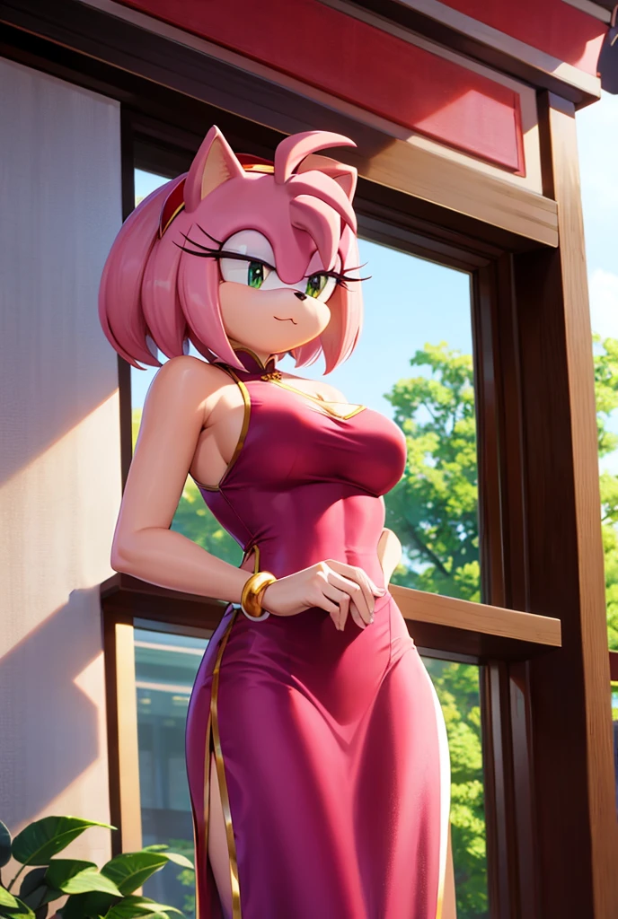 The beautiful Amy Rose dressed as an elegant Chinese idol, in a house, with a serious expression.