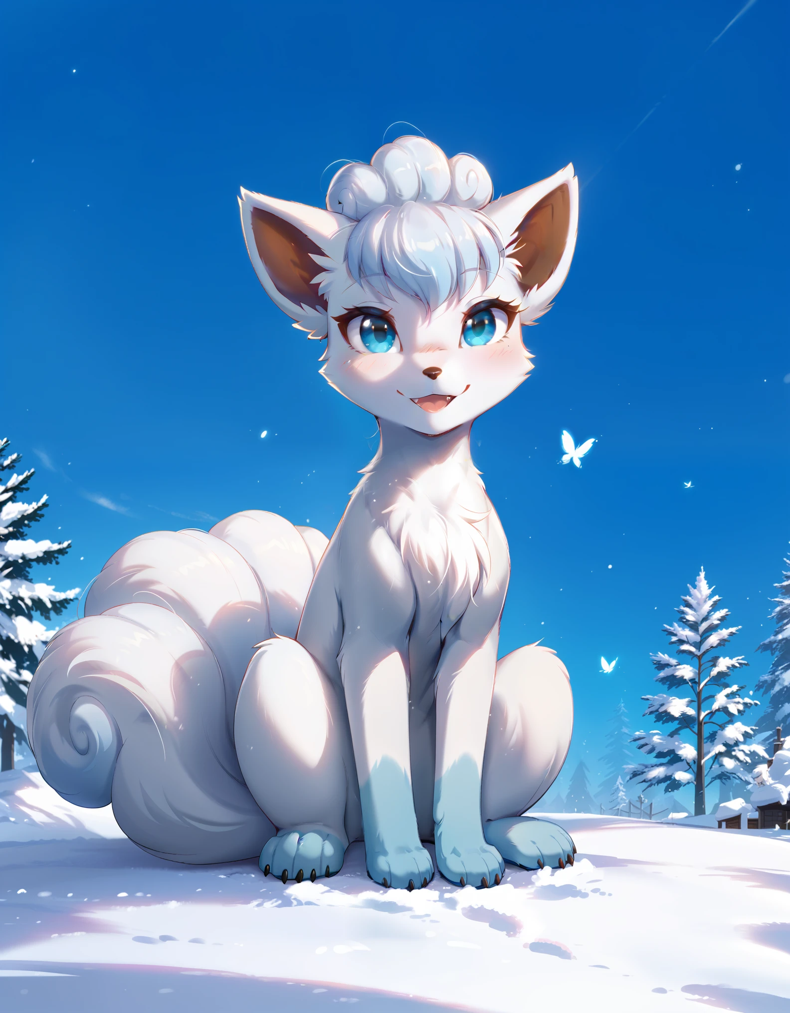 twokinds, tkstyle,,  score_9,score_8_up,score_7_up, portrait,feral,full body,epic,gradient background,sitting, alolan vulpix,snow background