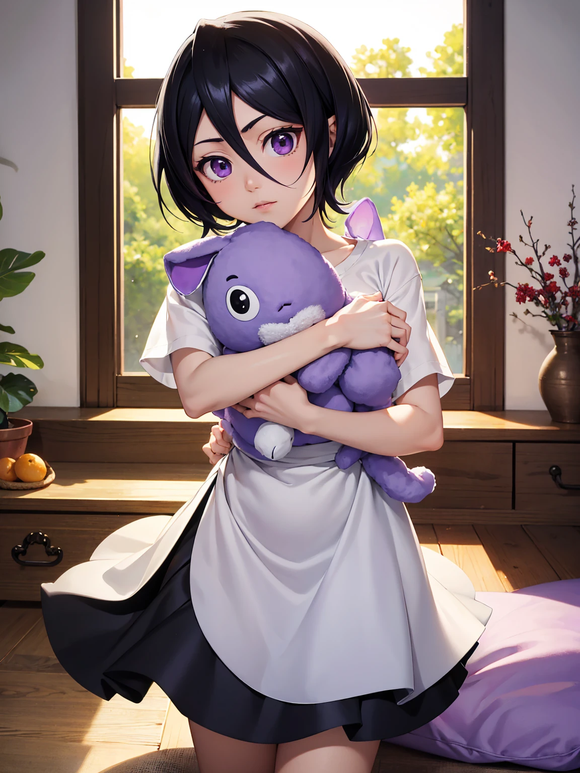 best quality, work of art, Image resolution 1080p, work of art altamente detalhado, detailed face, detailed body, saturated colors. Rukia kuchiki a beautiful happy girl, with short black hair and purple eyes, Wearing a white t-shirt, hugging a stuffed rabbit, alone in your room.