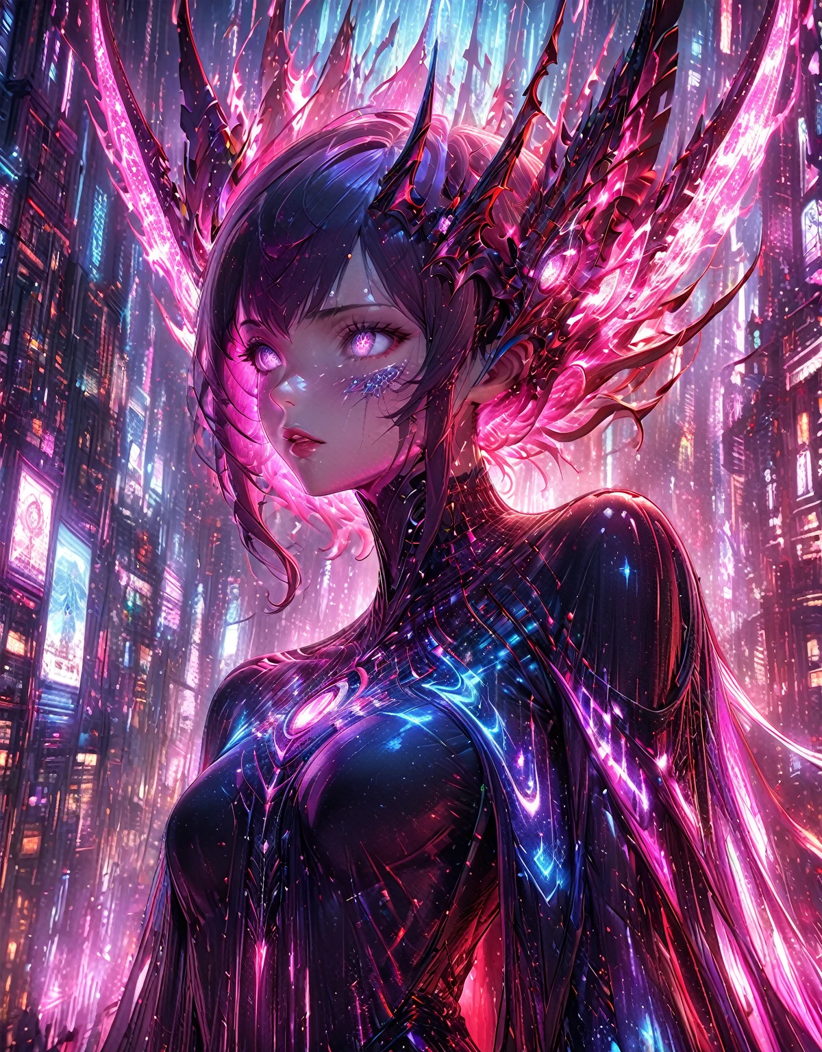 A towering, humanoid figure stands amidst the neon-lit streets of the eldritch city. Its body is composed of swirling, holographic data streams, its form constantly shifting and changing. Its eyes are glowing orbs of digital light, radiating an intense, otherworldly energy. The figure, known as Decode Talker, is a powerful entity from the digital realm, summoned into this physical world through a complex ritual. Its body is covered in intricate, glowing runes and symbols that pulse with energy. Its hands emit streams of neon-colored data, forming holographic weapons and shields. Decode Talker's presence is both awe-inspiring and intimidating. Its power is immense, capable of bending reality itself. Its eyes pierce through the darkness, illuminating the city with its digital light. The scene should capture Decode Talker's otherworldly presence and its connection to the digital realm, illustrated in a Yu-Gi-Oh! card style, with vibrant glowwave colors and intricate details.