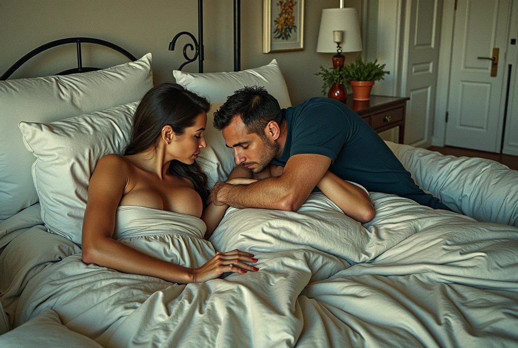 An overhead shot of the couple moving together on the bed, with the luxurious sheets and the decor of the room subtly framing the action. The image captures the rhythm and heat of their interaction.
- **Caption:** "Caught in the Act: Overhead View of a Private, Heated Encounter."