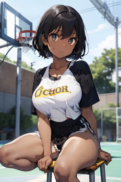 1 female, afro hair, black afro hair black girl afro hair, darker skin, brown skin, huge breast, thick legs, light blue eyes, wearing yellow nba jersey, yellow croptop nba jersey, wearing a low cut croptop, wearing croptop, croptop, golden raito, (winking), shirobako, sitting down, with basketball, Basketball court, ((blurred background: 1.1))
