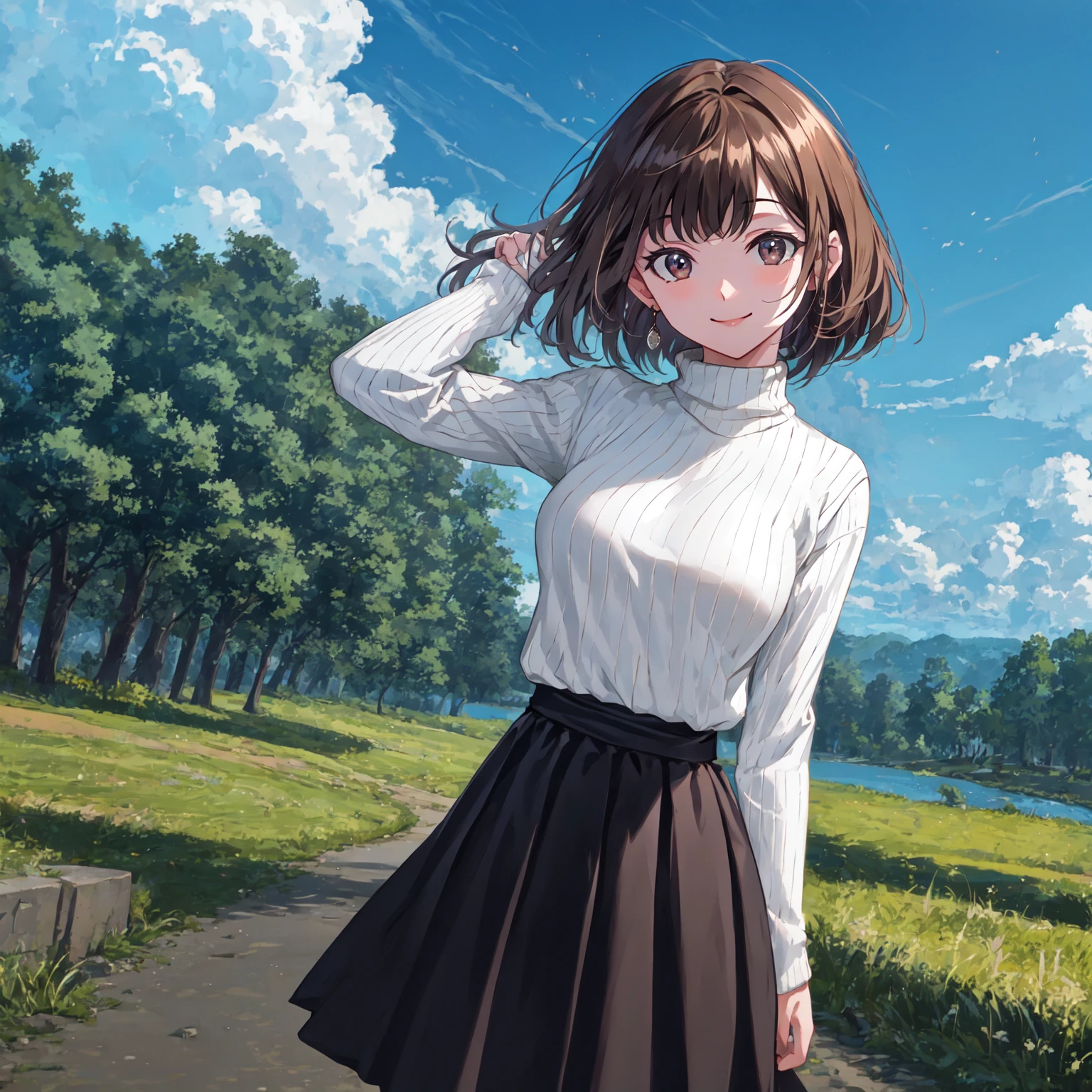 masterpiece, best quality, pastel color,super detailed skin,best quality background,ultra detailed eyes,closed mouth,Accurate 5 fingers,Smile,arm behind head,park,the wind is blowing,walk along the road, dark brown hair, (natural bob hair),bangs down, dark brown eyes, (((medium breasts))),white turtleneck sweater, skirt, smile, realistic,dutch angle