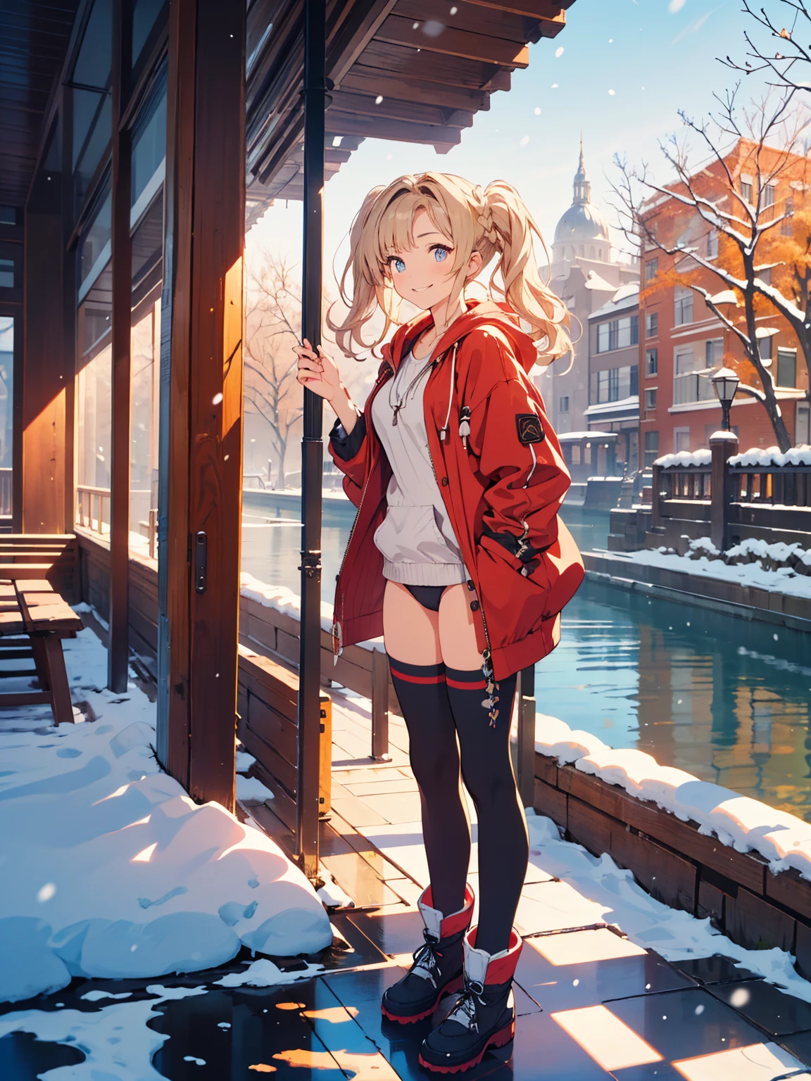 ( masterpiece), best quality, expressive eyes, perfect face, highres, moody angle, medium breast, full body, solo, Buoyant Smile, 1girl, zetadef, twintails, Fleece-lined hoodie, Leggings, Snow boots, Knit beanie, Cozy and warm, Snowy winter landscape, cute panties, background, ( Riverside Street, tranquil river, lush trees, dappled sunlight, historic buildings, charming cafes, outdoor seating, picturesque bridge) outdoor, snow, standing, 