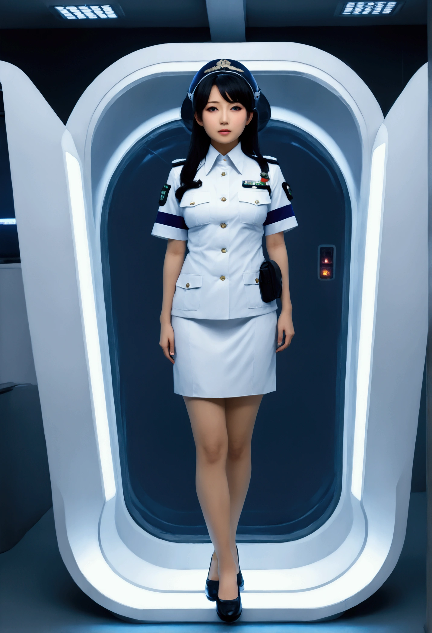 (((( Japanese Woman wearing 2005 japan Police Officer )))), with flowing hair on a realistic futuristic space station)), ((sleeping in coffin shaped futuristic cryopod)), ((cushioned bed with display and glowing control surfaces)), ((scifi circlet on head)), weightless & floating, (photorealistic), , , (with medical sensor harness and connected full body
