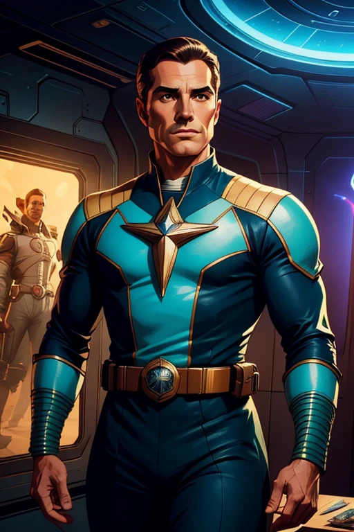 A highly detailed, anatomically correct, vintage-style illustration of Captain Buck Rogers, a man out of his time, in the futuristic 25th century setting, cinematic lighting, photorealistic, 8k, intricate, vibrant colors, dramatic, impressionist, concept art