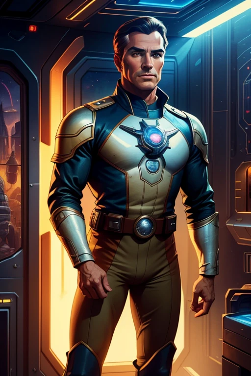 A highly detailed, anatomically correct, vintage-style illustration of Captain Buck Rogers, a man out of his time, in the futuristic 25th century setting, cinematic lighting, photorealistic, 8k, intricate, vibrant colors, dramatic, impressionist, concept art