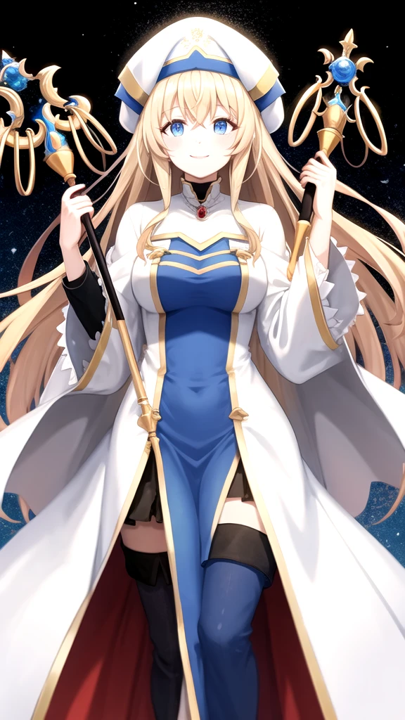 priestess \(goblin slayer\), blonde hair, long hair, blue eyes, white headwear, staff, holding staff