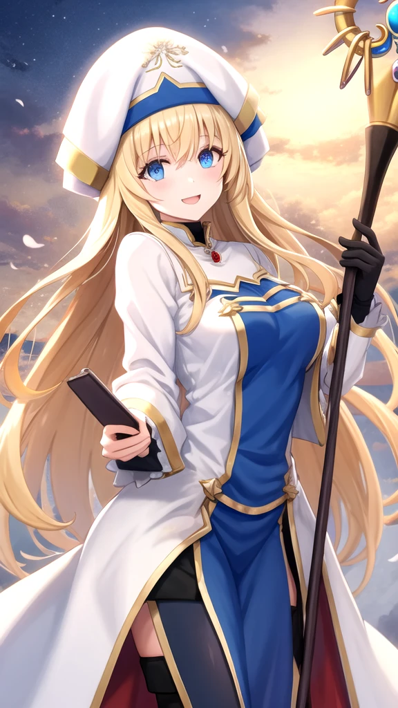 priestess \(goblin slayer\), blonde hair, long hair, blue eyes, white headwear, staff, holding staff