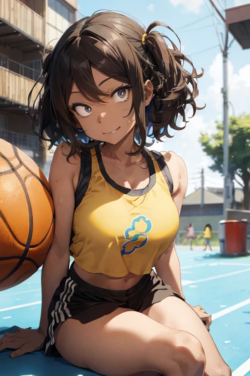 1 female, afro hair, black afro hair black girl afro hair, darker skin, brown skin, huge breast, thick legs, light blue eyes, wearing yellow nba jersey, yellow croptop nba jersey, wearing a low cut croptop, wearing croptop, croptop, golden raito, (winking), shirobako, sitting down, with basketball, Basketball court, ((blurred background: 1.1)), happy face
