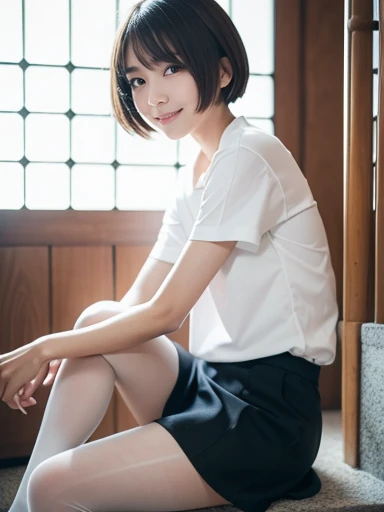 girl, short hair,Black Hair,smile, summer, room,Bed,6th grade elementary school,front,skirt,transparent, (masterpiece, Highest quality), Soft Light, Structure of the film, Like in the movies