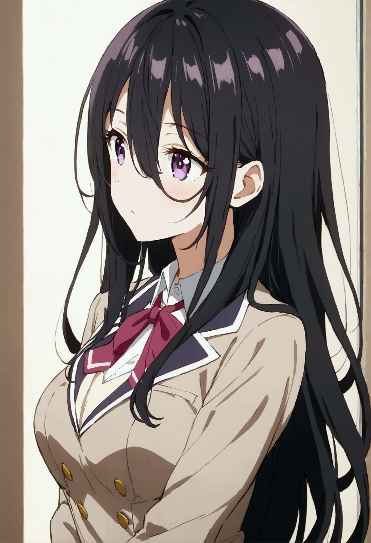 Best Quality　Masterpiece　Black Hair 　Long Hair　Rosidere　Kimishima Ayano medium breasts purple eyes anime style　High school girl　uniform