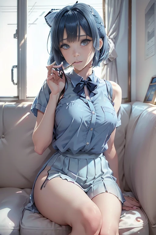 (((beautiful detailed)))(cute face:1.2)1girl, A girl stuffing her face with french fries, Girl crying while eating few french fries, Inside a 1950s-style diner, 1950s-style interior, Navy blue hair, blue eyes, A short-sleeved white shirt with four vertical bow ties, Ahoge, long bob cut with fluffy hair(sharp lines:1.2)(clear line:1.2)(eye details:1.3)(thick border:1.4) animation cel style,ligne claire, limited palette((masterpiece, high quality, best quality))(low contrast: 0.5),Anna yanami, blue hair, blue eyes, school uniform, makeine, too many losing heroines,Watercolor style, watercolor pencil, paper texture,90s style,Anna yanami, blue hair, blue eyes, school uniform, makeine, too many losing heroines, 