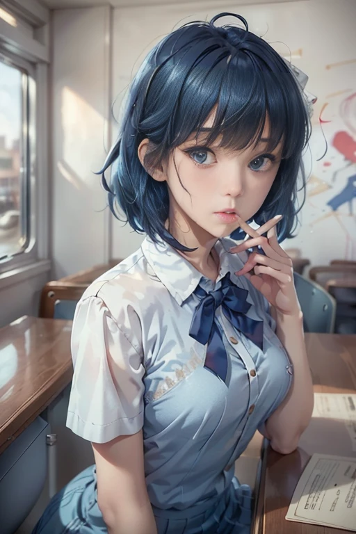 (((beautiful detailed)))(cute face:1.2)1girl, A girl stuffing her face with french fries, Girl crying while eating a pile of french fries, Inside a 1950s-style diner, 1950s-style interior, Navy blue hair, blue eyes, A short-sleeved white shirt with four vertical bow ties, Ahoge, long bob cut with fluffy hair(sharp lines:1.2)(clear line:1.2)(eye details:1.3)(thick border:1.4) animation cel style,ligne claire, limited palette((masterpiece, high quality, best quality))(low contrast: 0.5),Anna yanami, blue hair, blue eyes, school uniform, makeine, too many losing heroines,Watercolor style, watercolor pencil, paper texture,90s style,Anna yanami, blue hair, blue eyes, school uniform, makeine, too many losing heroines,
