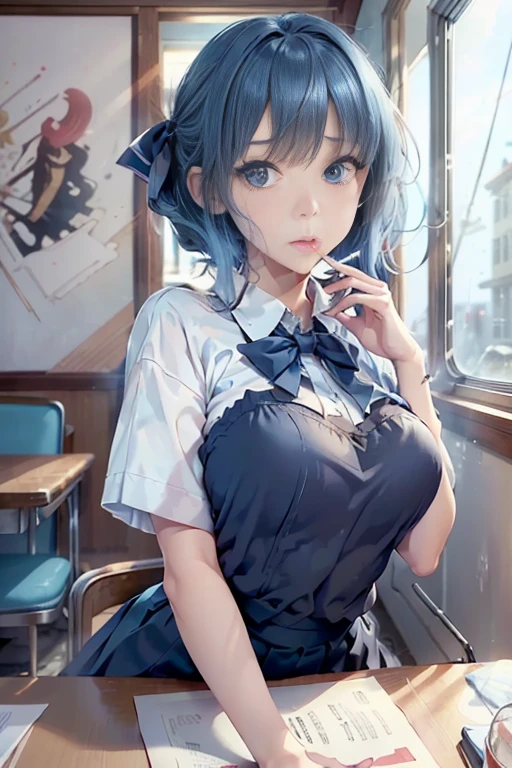 (((beautiful detailed)))(cute face:1.2)1girl, A girl stuffing her face with french fries, Girl crying while eating a pile of french fries, Inside a 1950s-style diner, 1950s-style interior, Navy blue hair, blue eyes, A short-sleeved white shirt with four vertical bow ties, Ahoge, long bob cut with fluffy hair(sharp lines:1.2)(clear line:1.2)(eye details:1.3)(thick border:1.4) animation cel style,ligne claire, limited palette((masterpiece, high quality, best quality))(low contrast: 0.5),Anna yanami, blue hair, blue eyes, school uniform, makeine, too many losing heroines,Watercolor style, watercolor pencil, paper texture,90s style,Anna yanami, blue hair, blue eyes, school uniform, makeine, too many losing heroines,
